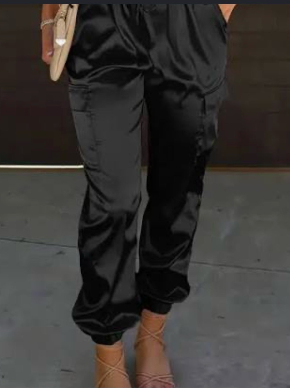 Endless Blu Black Satin Luxe Relaxed Cargo Jogger NWT Size Small